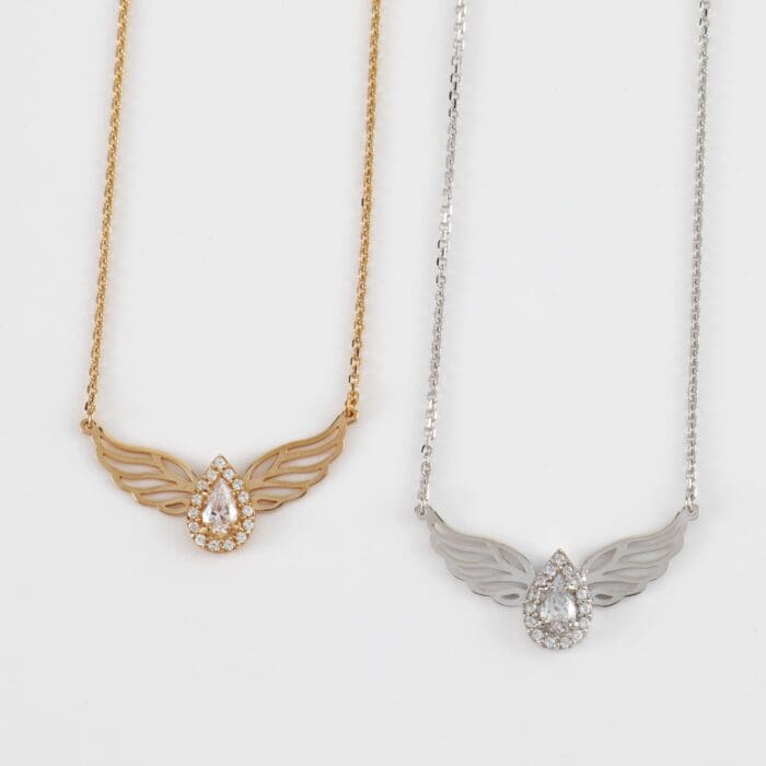 Κολιέ χειροποίητο φτερό με δάκρυ και πέτρες ζιργόν Mar & Mar Angel Wings II από Ασήμι 925
